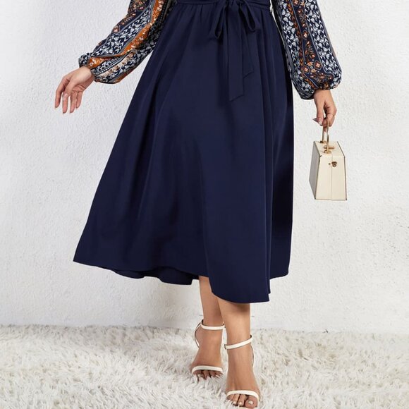 Melo Apparel Plus Size Printed Tie Belt Boat Neck Midi Dress - Picture 4 of 7